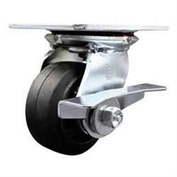 Service Caster Series #35 swivel caster fitted with 4 inch diameter by 2 inch wide moldon rubber tread on metal core wheel and brake.