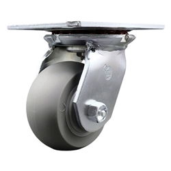 Service Caster Series #35 swivel caster fitted with 4 inch diameter by 2 inch wide non-marking thermoplastic rubber tread (donut face) on polyolefin core wheel.