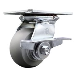Service Caster Series #35 swivel caster fitted with 4 inch diameter by 2 inch wide non-marking thermoplastic rubber tread (donut face) on polyolefin core wheel and brake.