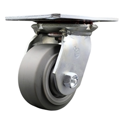 Service Caster Series #35 swivel caster fitted with 4 inch diameter by 2 inch wide non-marking thermoplastic rubber tread (flat face) on polyolefin core wheel.
