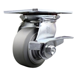 Service Caster Series #35 swivel caster fitted with 4 inch diameter by 2 inch wide non-marking thermoplastic rubber tread (flat face) on polyolefin core wheel and brake.