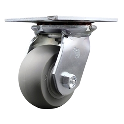 Service Caster Series #35 swivel caster fitted with 4 inch diameter by 2 inch wide non-marking thermoplastic rubber tread (donut face) on polyolefin core wheel.