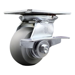 Service Caster Series #35 swivel caster fitted with 4 inch diameter by 2 inch wide non-marking thermoplastic rubber tread (donut face) on polyolefin core wheel and brake.