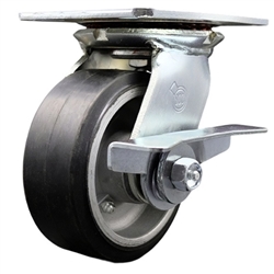 Service Caster Series #35 swivel caster fitted with 5 inch diameter by 2 inch wide moldon rubber tread on aluminum core wheel and brake.







.