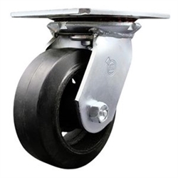 Service Caster Series #35 swivel caster fitted with 5 inch diameter by 2 inch wide moldon rubber tread on metal core wheel.