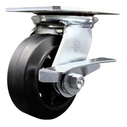 Service Caster Series #35 swivel caster fitted with 5 inch diameter by 2 inch wide moldon rubber tread on metal core wheel and brake.