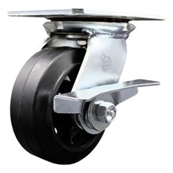 Service Caster Series #35 swivel caster fitted with 5 inch diameter by 2 inch wide moldon rubber tread on metal core wheel and brake.