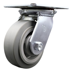 Service Caster Series #35 swivel caster fitted with 5 inch diameter by 2 inch wide non-marking thermoplastic rubber tread (flat face) on polyolefin core wheel.