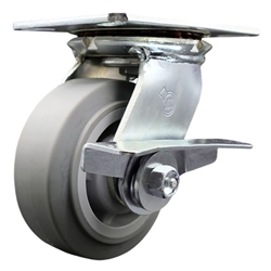 Service Caster Series #35 swivel caster fitted with 5 inch diameter by 2 inch wide non-marking thermoplastic rubber tread (flat face) on polyolefin core wheel and brake.