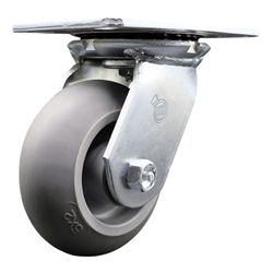 Service Caster Series #35 swivel caster fitted with 5 inch diameter by 2 inch wide non-marking thermoplastic rubber tread (donut face) on polyolefin core wheel.