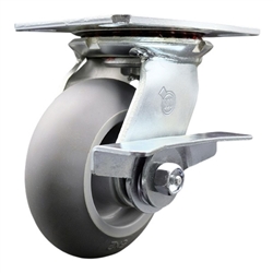 Service Caster Series #35 swivel caster fitted with 5 inch diameter by 2 inch wide non-marking thermoplastic rubber tread (donut face) on polyolefin core wheel and brake.