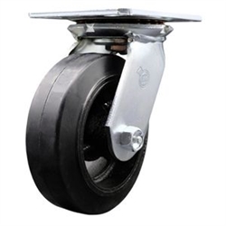 Service Caster Series #35 swivel caster fitted with 6 inch diameter by 2 inch wide moldon rubber tread on metal core wheel.