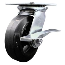 Service Caster Series #35 swivel caster fitted with 6 inch diameter by 2 inch wide moldon rubber tread on metal core wheel and brake.