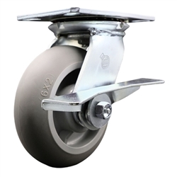 Service Caster Series #35 swivel caster fitted with 6 inch diameter by 2 inch wide non-marking thermoplastic rubber tread (donut face) on polyolefin core wheel and brake.