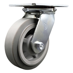 Service Caster Series #35 swivel caster fitted with 6 inch diameter by 2 inch wide non-marking thermoplastic rubber tread (flat face) on polyolefin core wheel.