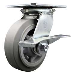 Service Caster Series #35 swivel caster fitted with 6 inch diameter by 2 inch wide non-marking thermoplastic rubber tread (flat face) on polyolefin core wheel and brake.