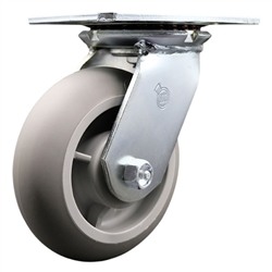 Service Caster Series #35 swivel caster fitted with 6 inch diameter by 2 inch wide non-marking thermoplastic rubber tread (donut face) on polyolefin core wheel.