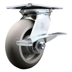Service Caster Series #35 swivel caster fitted with 6 inch diameter by 2 inch wide non-marking thermoplastic rubber tread (donut face) on polyolefin core wheel and brake.