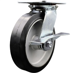 Service Caster Series #35 swivel caster fitted with 8 inch diameter by 2 inch wide moldon rubber tread on aluminum core wheel and brake.













.
