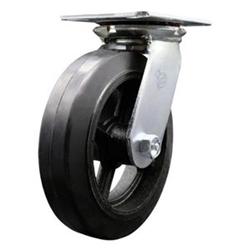 Service Caster Series #35 swivel caster fitted with 8 inch diameter by 2 inch wide moldon rubber tread on metal core wheel.