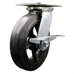 Service Caster Series #35 swivel caster fitted with 8 inch diameter by 2 inch wide moldon rubber tread on metal core wheel and brake.