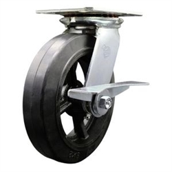 Service Caster Series #35 swivel caster fitted with 8 inch diameter by 2 inch wide moldon rubber tread on metal core wheel and brake.