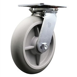 Service Caster Series #35 swivel caster fitted with 8 inch diameter by 2 inch wide non-marking thermoplastic rubber tread (donut face) on polyolefin core wheel.