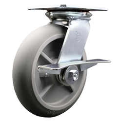 Service Caster Series #35 swivel caster fitted with 8 inch diameter by 2 inch wide non-marking thermoplastic rubber tread (donut face) on polyolefin core wheel and brake.