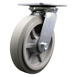 Service Caster Series #35 swivel caster fitted with 8 inch diameter by 2 inch wide non-marking thermoplastic rubber tread (flat face) on polyolefin core wheel.