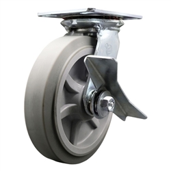 Service Caster Series #35 swivel caster fitted with 8 inch diameter by 2 inch wide non-marking thermoplastic rubber tread (flat face) on polyolefin core wheel and brake.