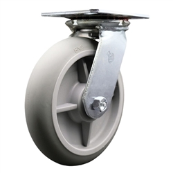 Service Caster Series #35 swivel caster fitted with 8 inch diameter by 2 inch wide non-marking thermoplastic rubber tread (donut face) on polyolefin core wheel.