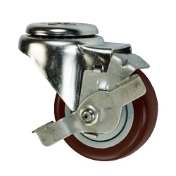 3" Bolt Hole Swivel Caster with Maroon Polyurethane Tread and Brake