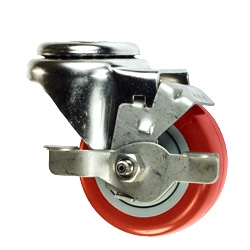 3" Bolt Hole Swivel Caster with Red Polyurethane Tread and Brake