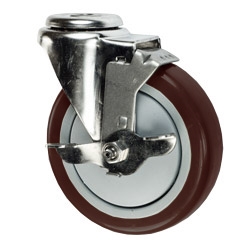 4" Bolt Hole Swivel Caster with Maroon Polyurethane Tread and Brake