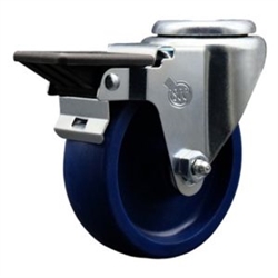 Service Caster #20 Series bolt hole swivel casters with 4 inch solid blue polyurethane wheel and posi lock are a versatile caster solution.