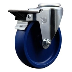 Service Caster #20 Series bolt hole swivel casters with 5 inch solid blue polyurethane wheel and posi lock are a versatile caster solution.