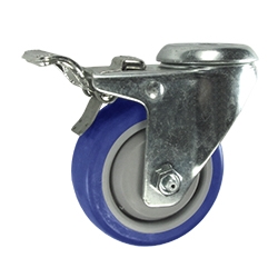 3 Inch Bolt Hole Swivel Caster with Blue Polyurethane Wheel Tread and Total Lock Brake