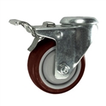 3 Inch Bolt Hole Swivel Caster with Maroon Polyurethane Tread and Total Lock Brake