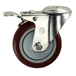 4" Bolt Hole Swivel Caster with Maroon Polyurethane Tread and Total Lock Brake
