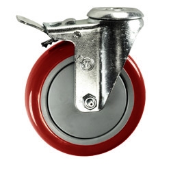 5" Bolt Hole Swivel Caster with Red Polyurethane Tread and Total Lock Brake