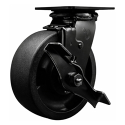 6 inch rigid caster with black fork assembly and glass filled nylon wheel with brake and ball bearings