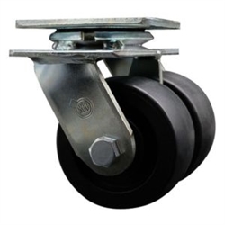 Dual wheel swivel caster with 4 inch durable glass filled nylon wheels.