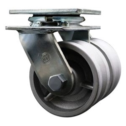 Service Caster Series #30 dual wheel swivel caster fitted with durable 4 inch diameter by 2 inch wide v-groove semi steel (cast) wheels.