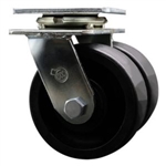 Dual wheel swivel caster with 5 inch durable glass filled nylon wheels.