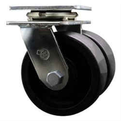 Dual wheel swivel caster with 5 inch durable glass filled nylon wheels.