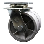 Service Caster Series #30 dual wheel swivel caster fitted with durable 5 inch diameter by 2 inch wide v-groove semi steel (cast) wheels.