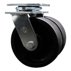 Dual wheel swivel caster with 6 inch durable glass filled nylon wheels.