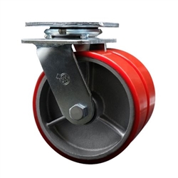 6 Inch Dual Wheel Swivel Caster with Red Polyurethane Tread Wheel