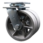 Service Caster Series #30 dual wheel swivel caster fitted with durable 6 inch diameter by 2 inch wide v-groove semi steel (cast) wheels.