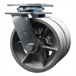 Service Caster Series #30 dual wheel swivel caster fitted with durable 6 inch diameter by 2 inch wide v-groove semi steel (cast) wheels.